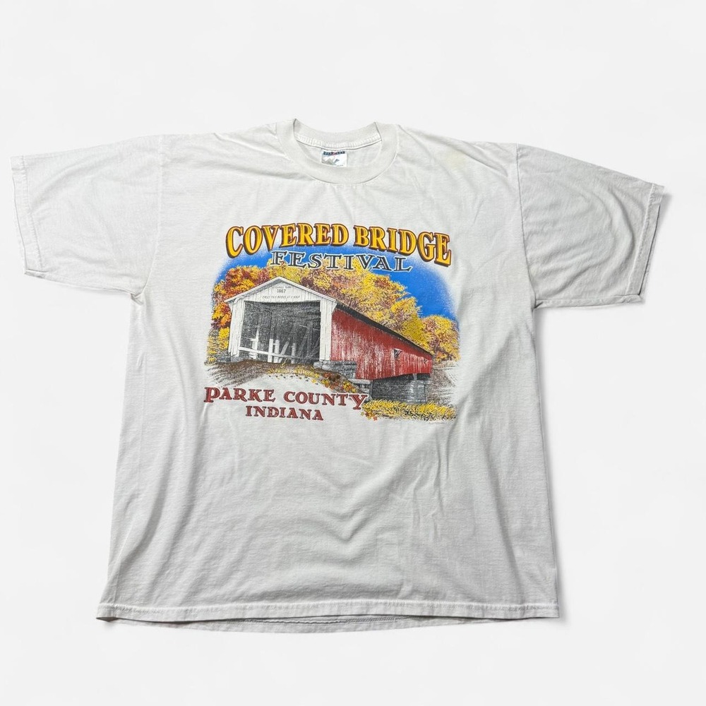 Vintage Parke County Indiana Covered Bridge Festival white t-shirt, size XL